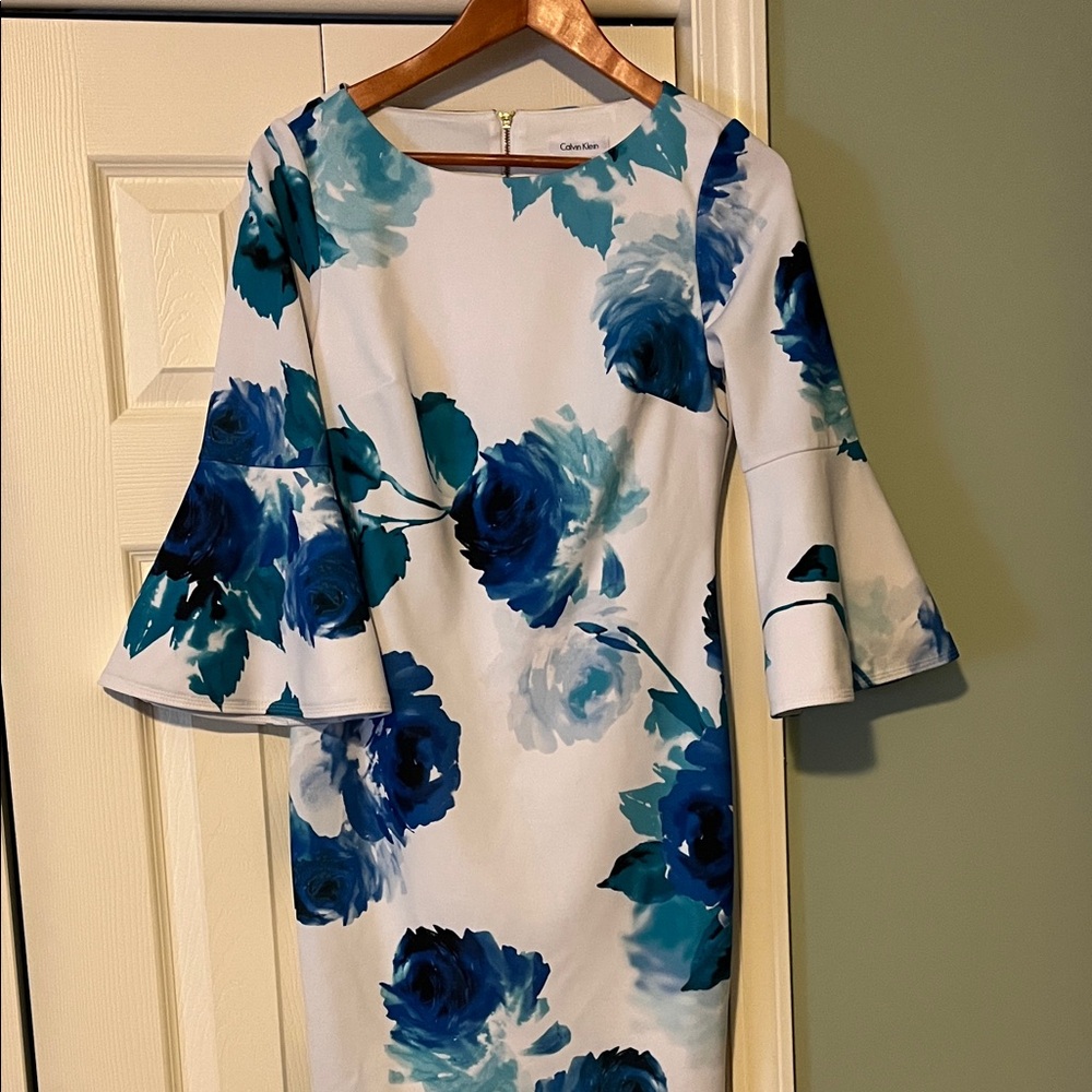 Calvin Klein White Midi Dress with Blue and Teal Floral Print and Bell Sleeves